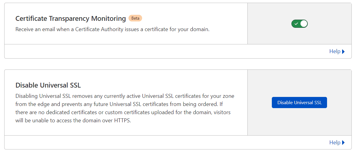 Jak monitorować wydawanie certyfikatów SSL dla domeny Certificate Transparency Monitoring włączony nad przyciskiem Disable Universal SSL