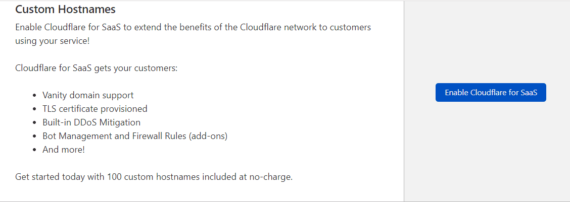 Do czego służą niestandardowe nazwy hostów w Cloudflare Sekcja Custom Hostnames z przyciskiem Enable Cloudflare for SaaS