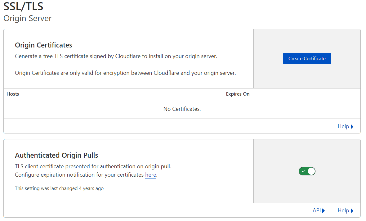 Jak wygenerować darmowy certyfikat origin w Cloudflare Zakładka Origin Server: brak certyfikatów origin, Authenticated Origin Pulls włączone