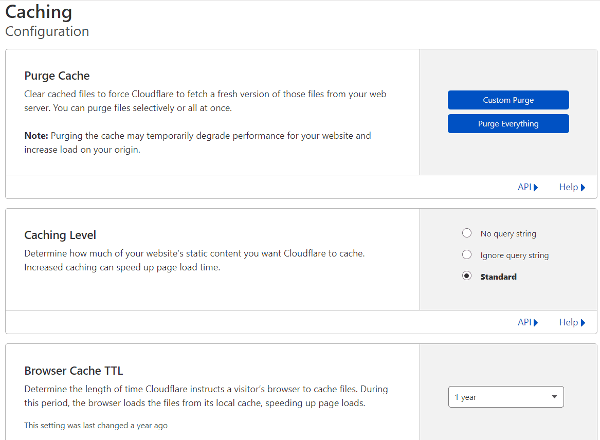Jak wyczyścić pamięć podręczną w Cloudflare Panel Caching Configuration z opcjami Purge Cache i Browser Cache TTL
