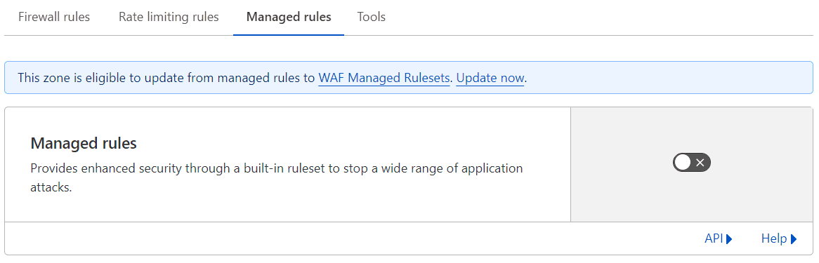 Jak włączyć reguły zarządzane WAF w Cloudflare Zakładka Managed rules z wyłączonym przełącznikiem reguł zarządzanych