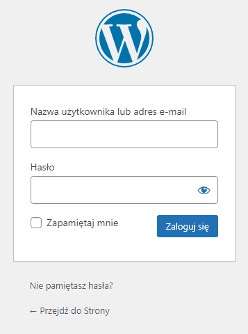 Jak wygląda standardowy ekran logowania do wp-admin? Formularz logowania WordPress z polami użytkownik, hasło i przycisk Zaloguj się