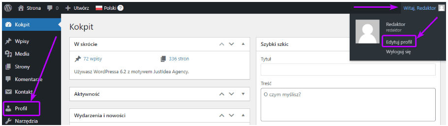 Kokpit WordPress: strzałki wskazują Edytuj profil i zakładkę Profil