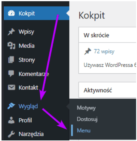 Menu boczne WordPress: strzałki od Wygląd do Menu