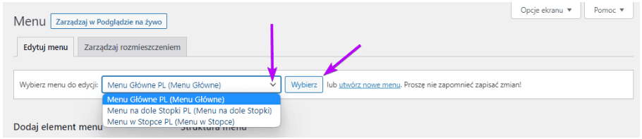 Lista menu do edycji: Główne, Stopka i dolna stopka