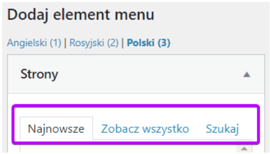 Trzy zakładki w panelu Strony: Najnowsze, Wszystko, Szukaj