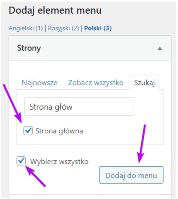 Wyszukiwanie i zaznaczenie strony głównej do menu