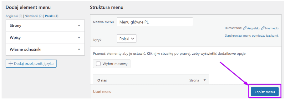 Struktura menu z podświetlonym przyciskiem Zapisz menu