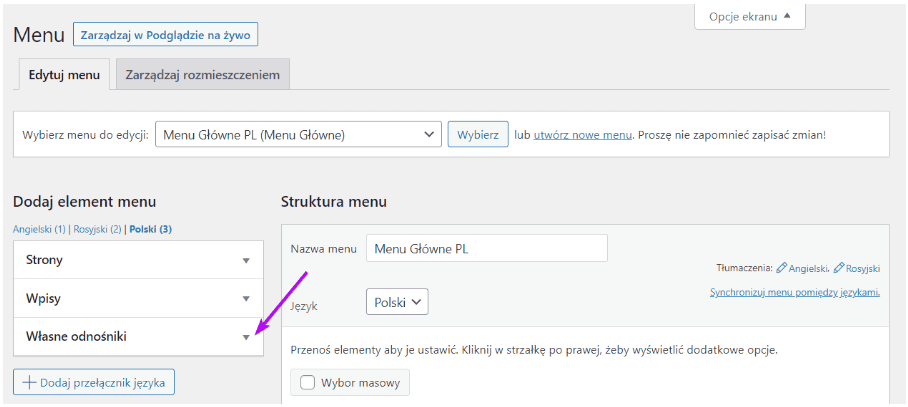 Strzałka wskazuje zwinięty panel Własne odnośniki
