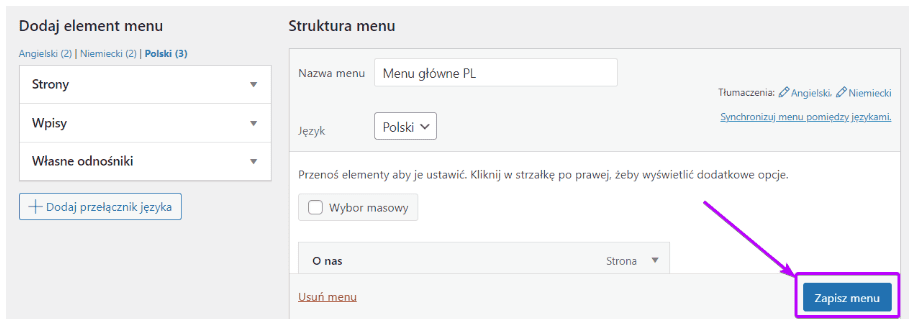 Menu WordPress: strzałka wskazuje przycisk Zapisz menu po dodaniu linku