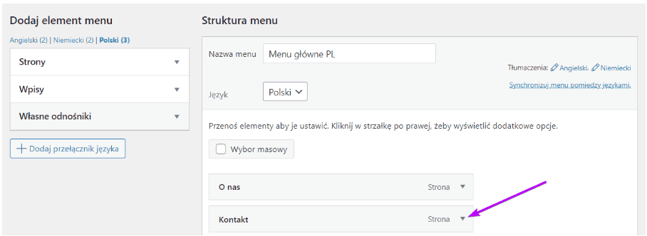 Struktura menu: strzałka wskazuje ikonę rozwinięcia elementu Kontakt