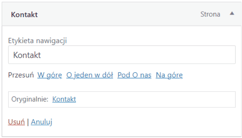 Panel edycji elementu Kontakt: pole Etykieta nawigacji i link Oryginalnie