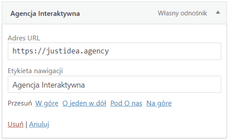 Panel Własny odnośnik: pole Adres URL z linkiem justidea.agency
