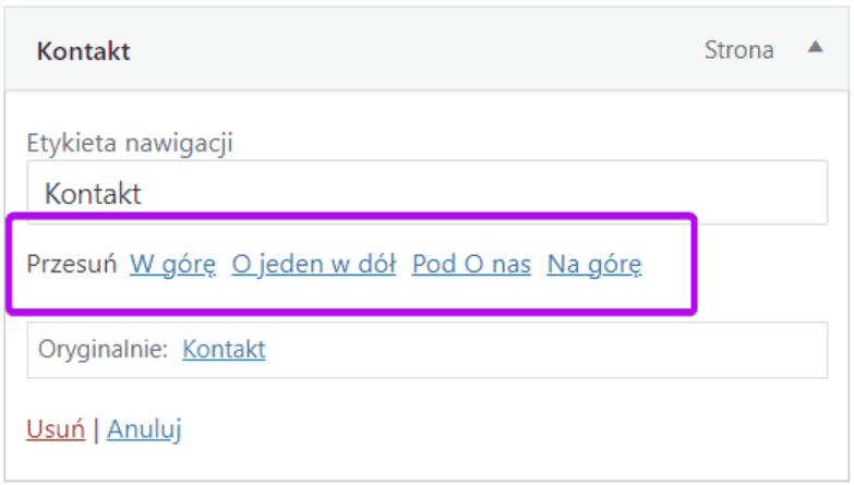 Panel Kontakt: podświetlone linki Przesuń W górę i O jeden w dół