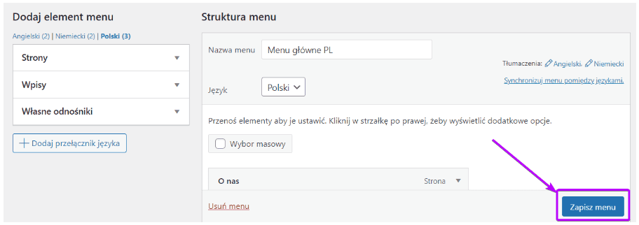 Menu WordPress: przycisk Zapisz menu po zmianie kolejności elementów