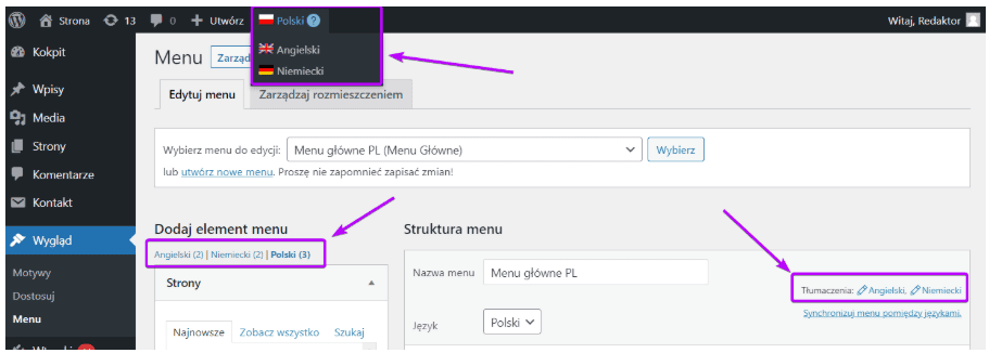 Trzy sposoby przełączenia języka menu: górny pasek, zakładki, Tłumaczenia