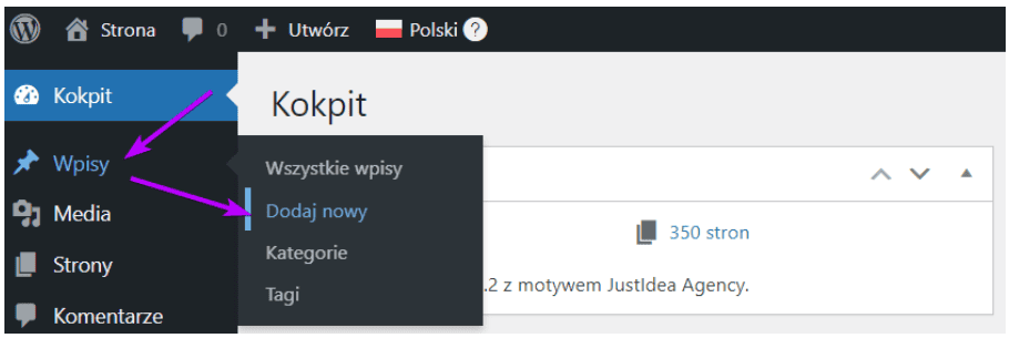Menu boczne: Wpisy rozwinięte, podświetlona opcja Dodaj nowy