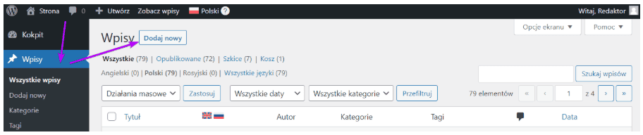 Podstrona Wpisy: przycisk Dodaj nowy w prawym górnym rogu