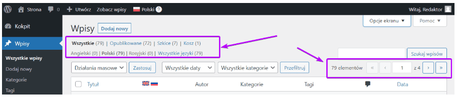 Lista wpisów: filtry statusu i języka oraz licznik 79 elementów