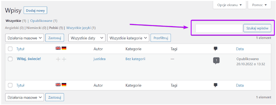 Lista wpisów: podświetlone pole Szukaj wpisów
