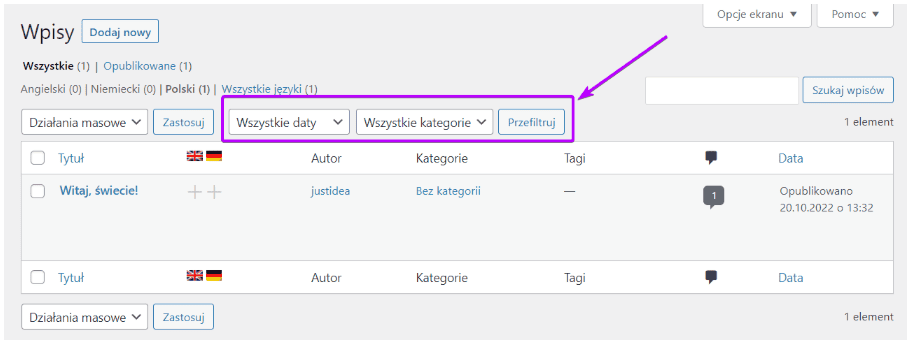 Lista wpisów: filtry Wszystkie daty i Wszystkie kategorie