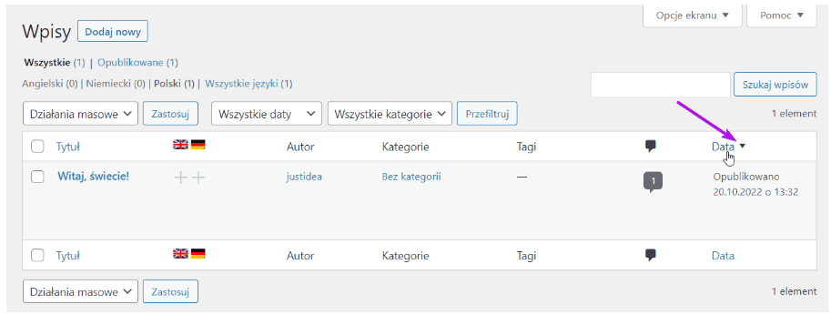 Lista wpisów: strzałka sortowania przy nagłówku kolumny Data