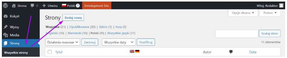 Podstrona Strony: przycisk Dodaj nową w prawym górnym rogu