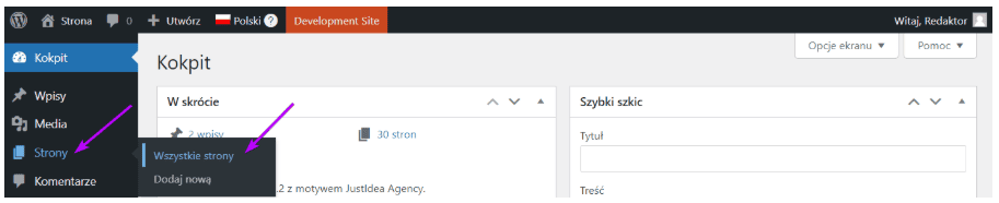 Menu boczne: podświetlona opcja Wszystkie strony w Strony