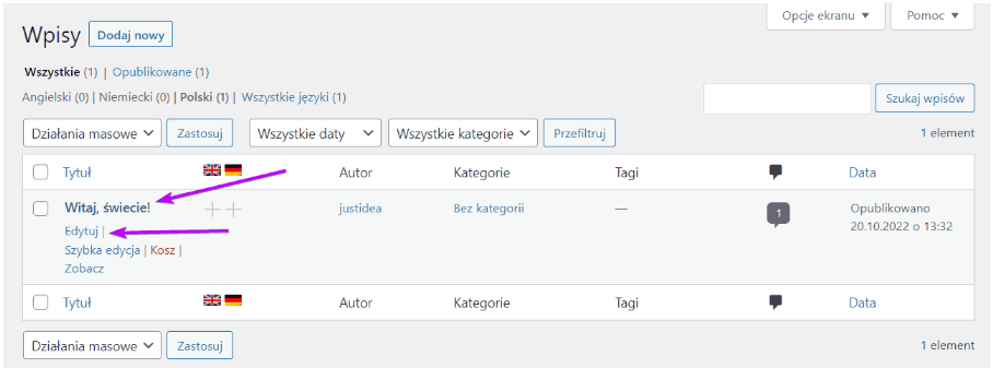 Lista wpisów: link tytułu wpisu i przycisk Edytuj pod nim