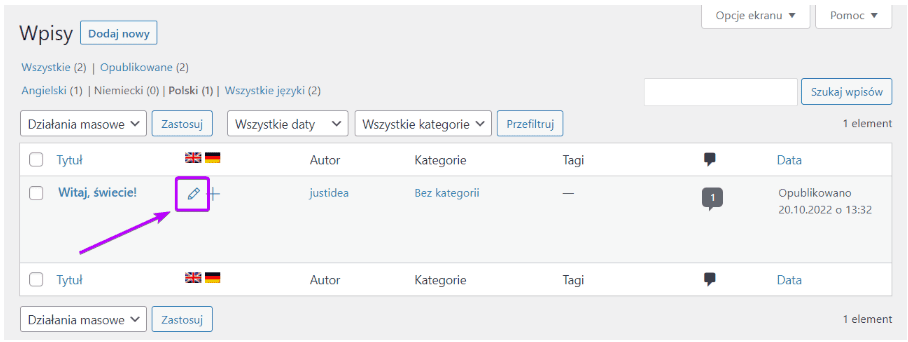 Lista wpisów: ikona ołówka do edycji tłumaczenia wpisu