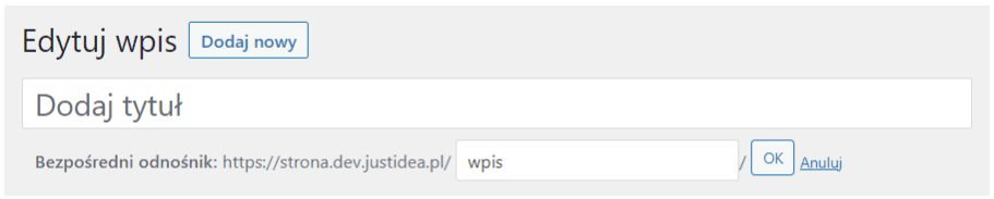 Edycja slug w adresie: pole wpis z przyciskami OK i Anuluj