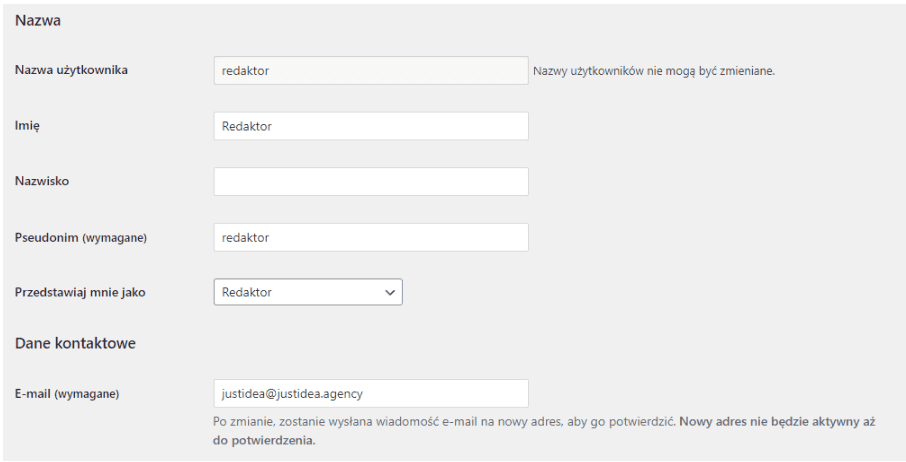 Formularz profilu: imię, pseudonim i adres e-mail redaktora