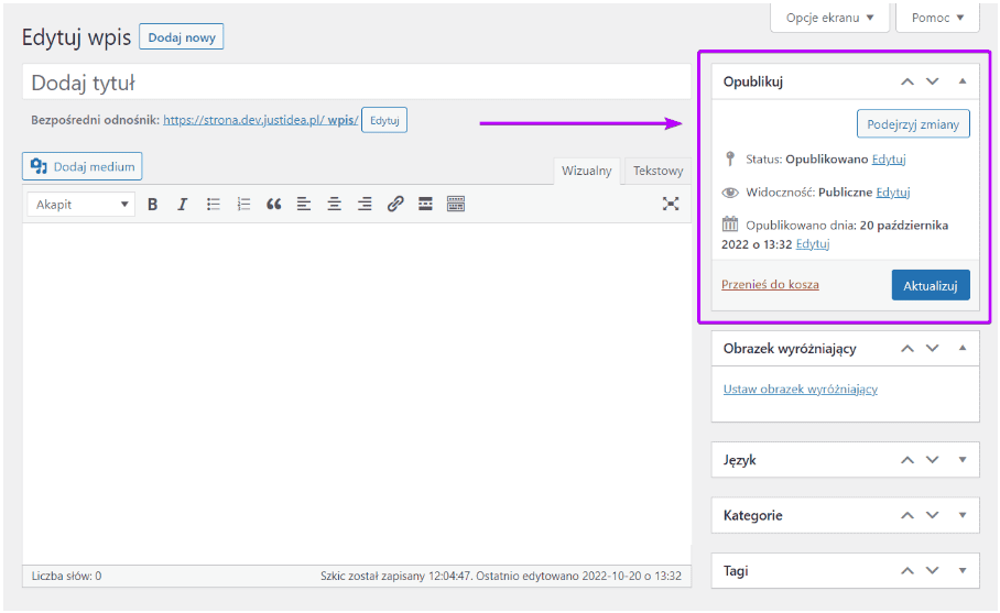 Widget Opublikuj w edytorze wpisu WordPress, zaznaczony ramką