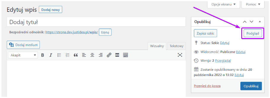 Przycisk Podgląd obok Zapisz szkic w edytorze wpisu