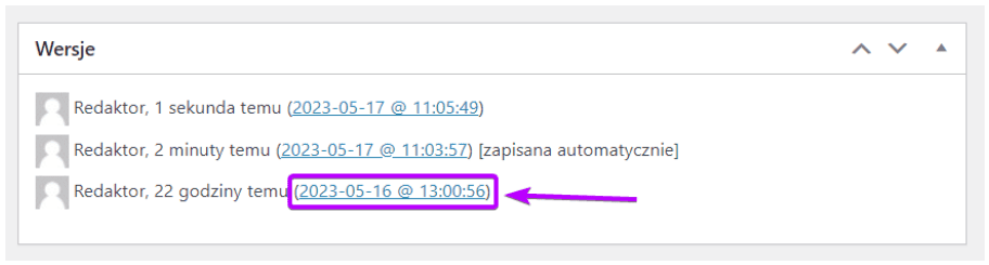 Znacznik czasowy wersji wpisu zaznaczony w liście Wersje