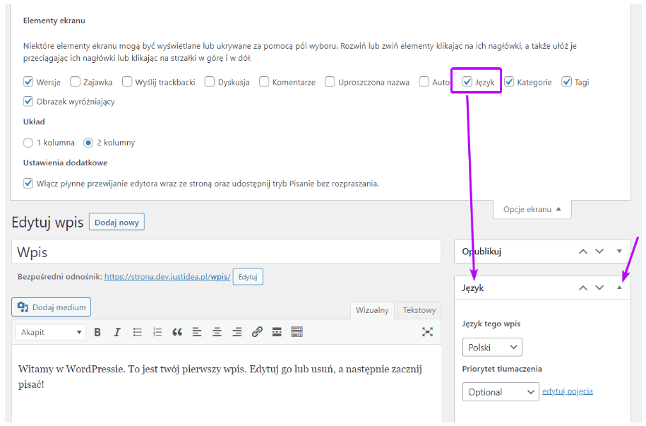 Checkbox Język w opcjach ekranu i panel Język w sidebarze