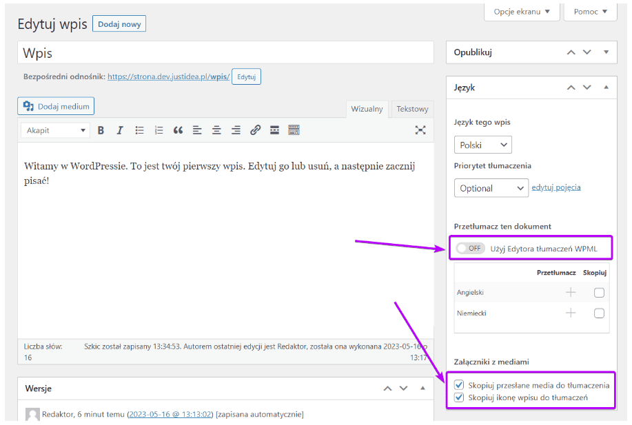 Przełącznik Edytora tłumaczeń WPML i checkboxy kopiowania mediów