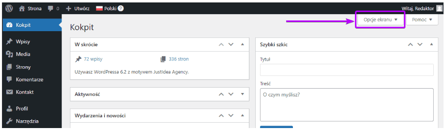 Kokpit WordPress: strzałka wskazuje przycisk Opcje ekranu