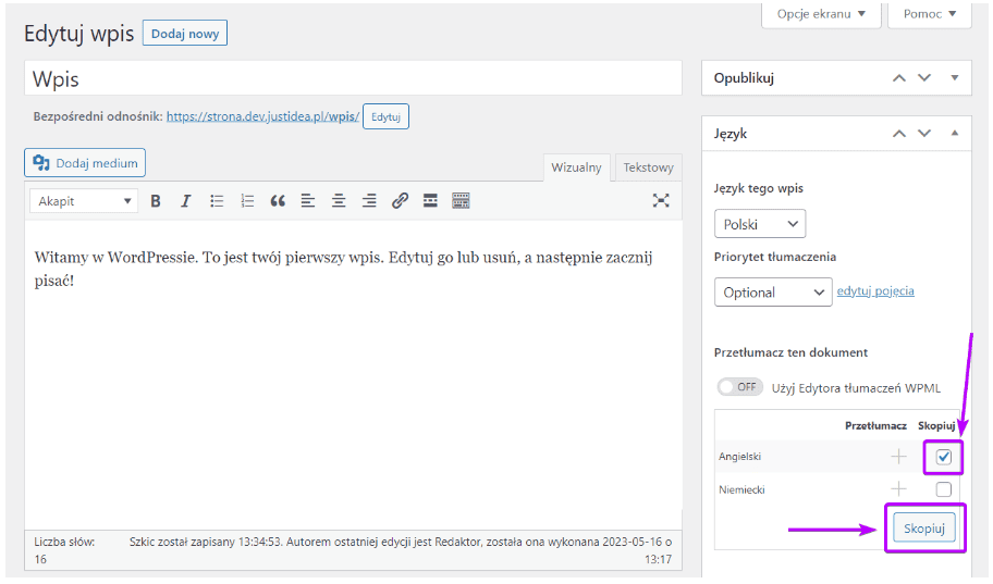 Checkbox Skopiuj przy języku angielskim i przycisk Skopiuj