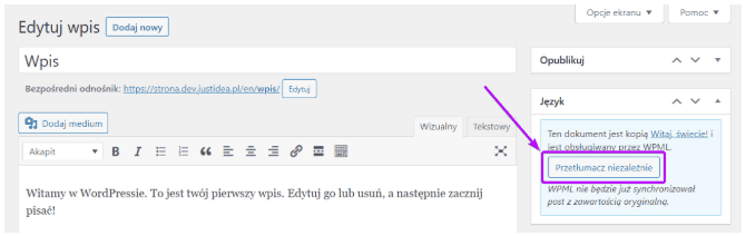 Przycisk Przetłumacz niezależnie przy skopiowanym wpisie