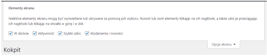 Rozwinięte Opcje ekranu z zaznaczonymi widgetami Kokpitu