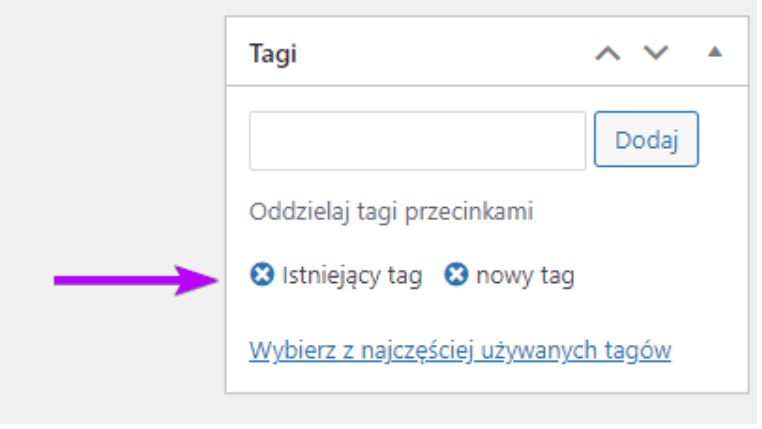 Tagi wpisu: dodane tagi jako etykiety ze strzałką na ikonę X