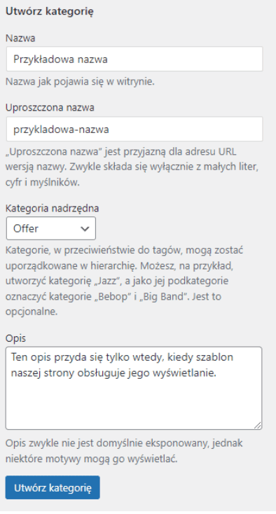 Formularz Utwórz kategorię: nazwa, slug, kategoria nadrzędna i opis