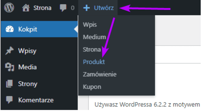 Produkty WooCommerce: górny pasek Utwórz z opcją Produkt