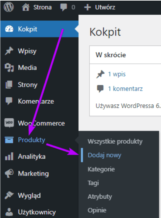 Menu boczne: Produkty > Dodaj nowy zaznaczone strzałkami