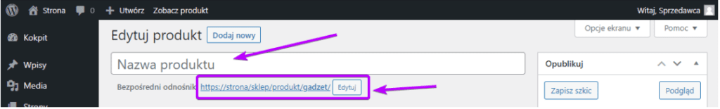Edycja produktu: pole nazwy i edytowalny slug adresu URL