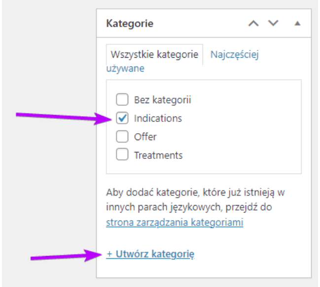 Zaznaczona kategoria Indications i odnośnik Utwórz kategorię