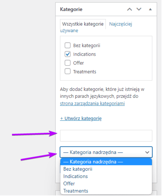 Pole nazwy nowej kategorii i lista Kategoria nadrzędna