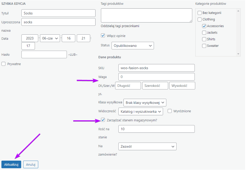 Szybka edycja produktu: Waga i checkbox stanu magazynowego