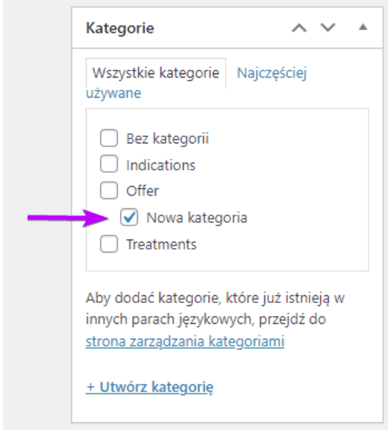 Nowo utworzona kategoria zaznaczona na liście checkboxów